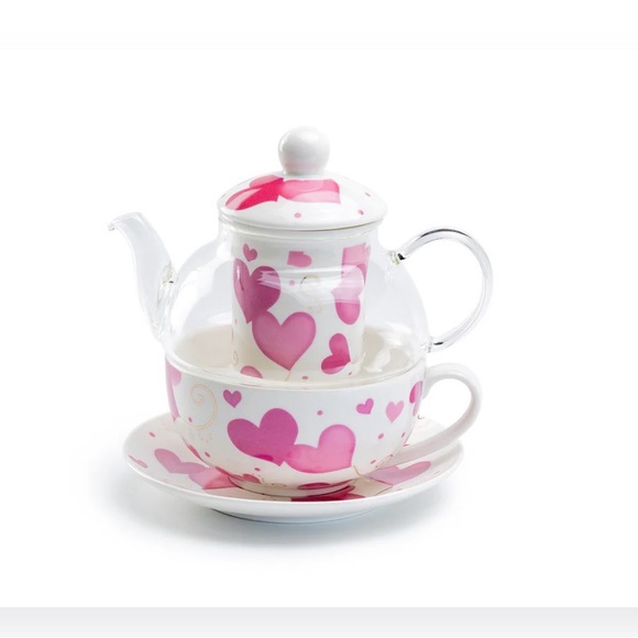 Grace'S Teaware Other - Grace’s Teaware Pink Hearts Glass and Fine Porcelain Tea For One Set